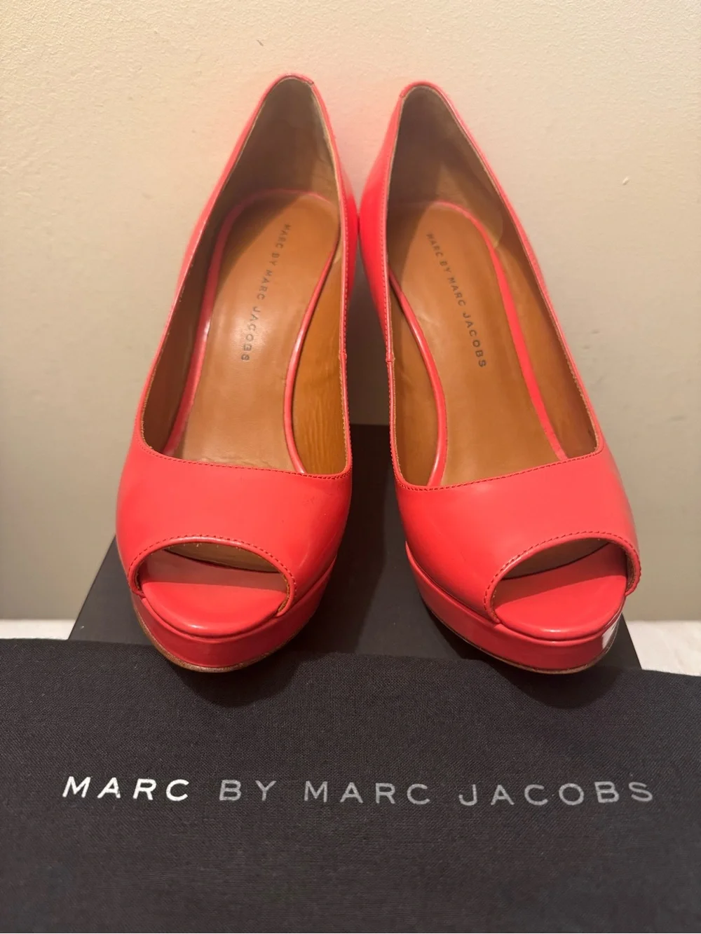 Marc by Marc Jacobs Coral Patent Leather Peep Toe Platform Pumps - Size 8